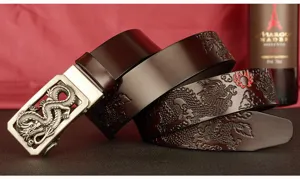 Men's genuine leather automatic buckle belt with embossed dragon pattern and metal dragon buckle.