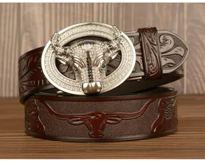 Men's rhinestone bull head auto buckle belt, stylish casual embossed cowhide waist strap.