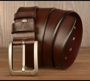 Brown genuine cowhide leather belt with stylish pin buckle and detailed bull head embossed loop.