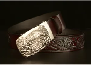 Men's retro embossed cowhide leather belt with exquisite metal eagle automatic buckle.