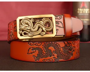 Men's genuine leather automatic buckle belt with embossed Chinese dragon pattern for luxury style.