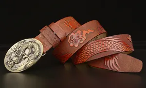 Dragon carved genuine leather men's belt with vintage dragon buckle and ethnic embossing style.