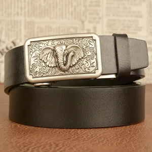 Men's leather belt with metal automatic buckle featuring a detailed elephant relief design.