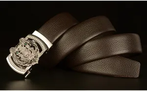 Men's genuine leather automatic buckle belt with rhinestone tiger head detail casual belt