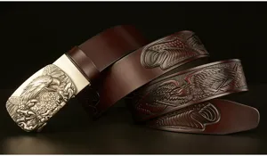 Retro embossed cowhide leather belt detail showing eagle buckle and intricate American flag pattern.