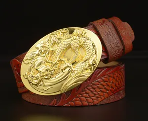 Men's embossed dragon leather belt with golden buckle, vintage style casual jeans belt.