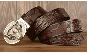 Men's leather belt with rhinestone bull head automatic buckle, stylish brown embossed strap.