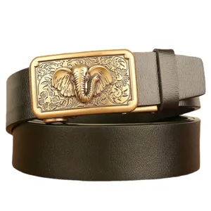 Men's black leather belt with gold embossed elephant automatic buckle for casual wear