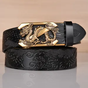 Men's Vintage Cowhide Leather Automatic Buckle Belt Dragon Embossed Casual Retro Waist Belt For Jeans And Daily Wear