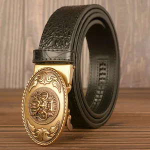 Men Genuine Leather Automatic Buckle Belt Crocodile Pattern Vintage Dragon Relief Business Casual Waist Belt