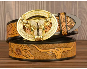 Men's leather belt with dazzling rhinestone bull head buckle and embossed longhorn strap.