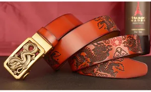 Men automatic buckle leather belt with embossed dragon pattern retro design luxury business style