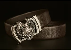 Men's leather belt featuring a sparkling rhinestone tiger head automatic buckle design.