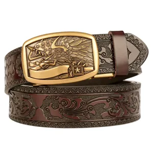 Men's automatic buckle leather belt with vintage embossed floral design and golden eagle metal buckle.