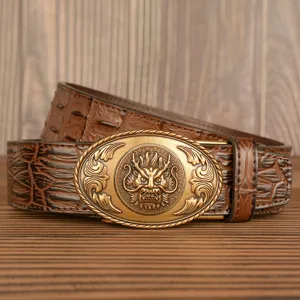 Men's leather belt with retro crocodile pattern automatic buckle and vintage dragon