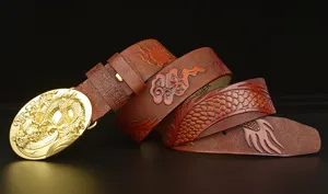 Men's embossed genuine leather belt with gold dragon buckle vintage casual waist strap