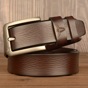 Men's Casual Leather Belt Top Layer Cowhide Bull Head Embossed Pin Buckle Belt For Jeans Business Daily Wear
