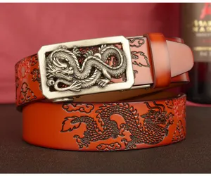 Men's leather belt with embossed dragon pattern and metal automatic buckle, vintage brown.