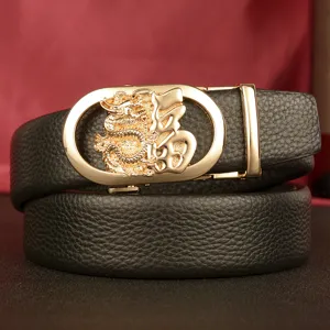 Men's Genuine Leather Automatic Buckle Belt Business Casual Dragon Embossed Metal Ratchet Belt