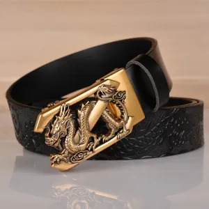 Men's genuine leather automatic buckle belt with vintage embossed dragon design and golden metal buckle.