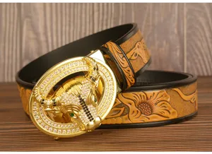 Men's luxury leather belt featuring a dazzling rhinestone bull head automatic buckle design.