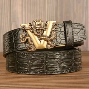 Herren Ledergürtel mit Krokodilmuster und stilvoller goldener Drachen V Schnalle.