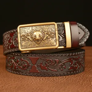 Men Casual Leather Belt Automatic Buckle Cowhide Tanggrass Pattern Carved Wolf Head Fashion Waist Strap