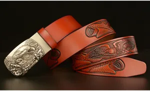 Men's Vintage Carved Cowhide Leather Belt with Eagle Metal Automatic Buckle Casual Jeans