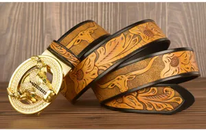 Men's genuine leather belt with luxury 3D bull head metal automatic buckle, embossed floral strap.
