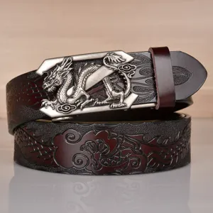 Men's genuine leather belt with metallic dragon buckle retro embossed casual style