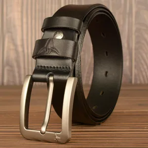 Men black genuine leather belt with silver metal pin buckle and unique bull head motif