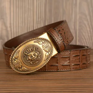 Men's leather belt with retro dragon automatic buckle and stylish crocodile embossed pattern.