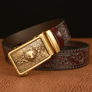 Men casual leather belt with wolf head automatic buckle and embossed floral pattern for men.