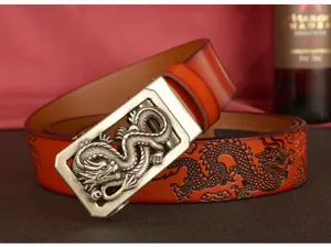 Men's leather automatic buckle belt with Chinese dragon embossing design for daily wear.