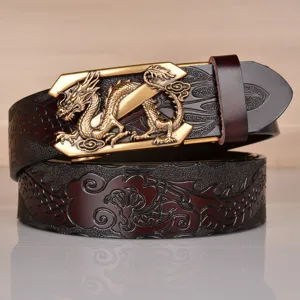 Men's leather belt featuring vintage dragon embossed design with automatic buckle stylish