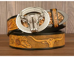 Men rhinestone bull buckle leather belt vintage embossed strap casual fashion trousers belt