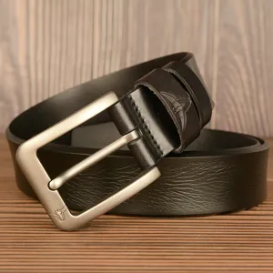 Black genuine leather belt with stylish metal pin buckle, casual men's trousers belt daily wear.