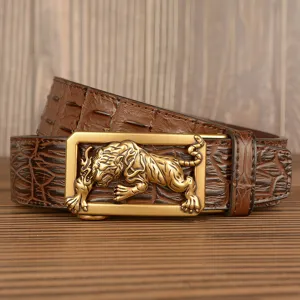 Cintura in pelle da uomo con fibbia a tigre e motivo coccodrillo, design automatico.