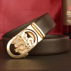 Men's genuine leather belt with stylish gold dragon automatic buckle for casual wear
