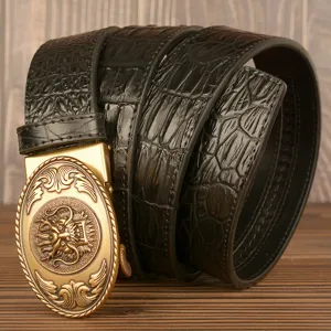 Men's vintage crocodile pattern leather belt with dragon head automatic buckle main view