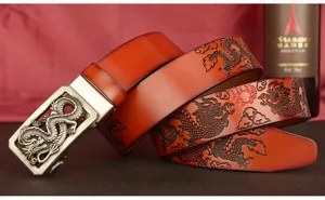 Men embossed dragon leather belt automatic buckle stylish casual business dress belt accessory