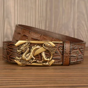 Men's automatic buckle leather belt with crocodile pattern and dragon buckle strap