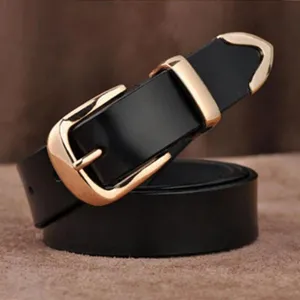 Black leather women belt with gold hardware, classic British style jeans decorative waist belt.