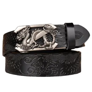 Men genuine leather belt with metallic dragon automatic buckle and embossed vintage strap design for jeans.