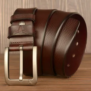 Men's genuine leather casual belt with metal pin buckle and stylish bullhead embossed loop.