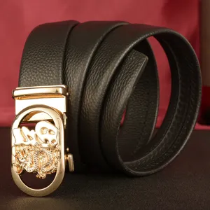 Men's automatic buckle leather belt featuring a stylish dragon relief gold metal buckle design.