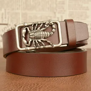 Mens brown leather belt with vintage metallic scorpion buckle casual business dress belt