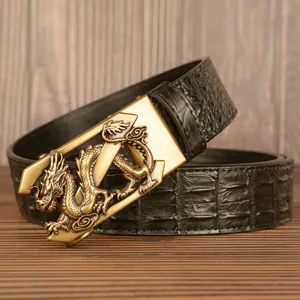 Men's genuine leather belt with crocodile pattern and stylish dragon automatic buckle main view.