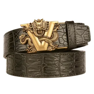 Herren Automatik-Gürtel aus Leder mit Krokodil-Muster und einer goldenen V-Drachen-Schnalle.