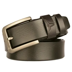 Men's genuine leather casual belt with vintage metal pin buckle and stylish bull embossing.